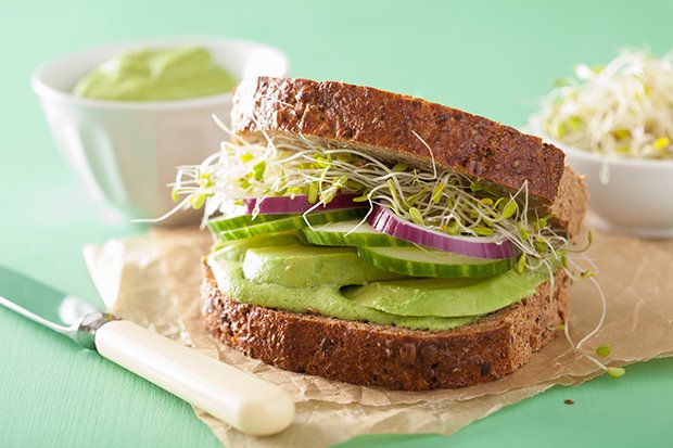 Sandwiches sind mit Gemüse ein gesunder Snack. Mit Avocado und Sprossen auch sehr köstlich